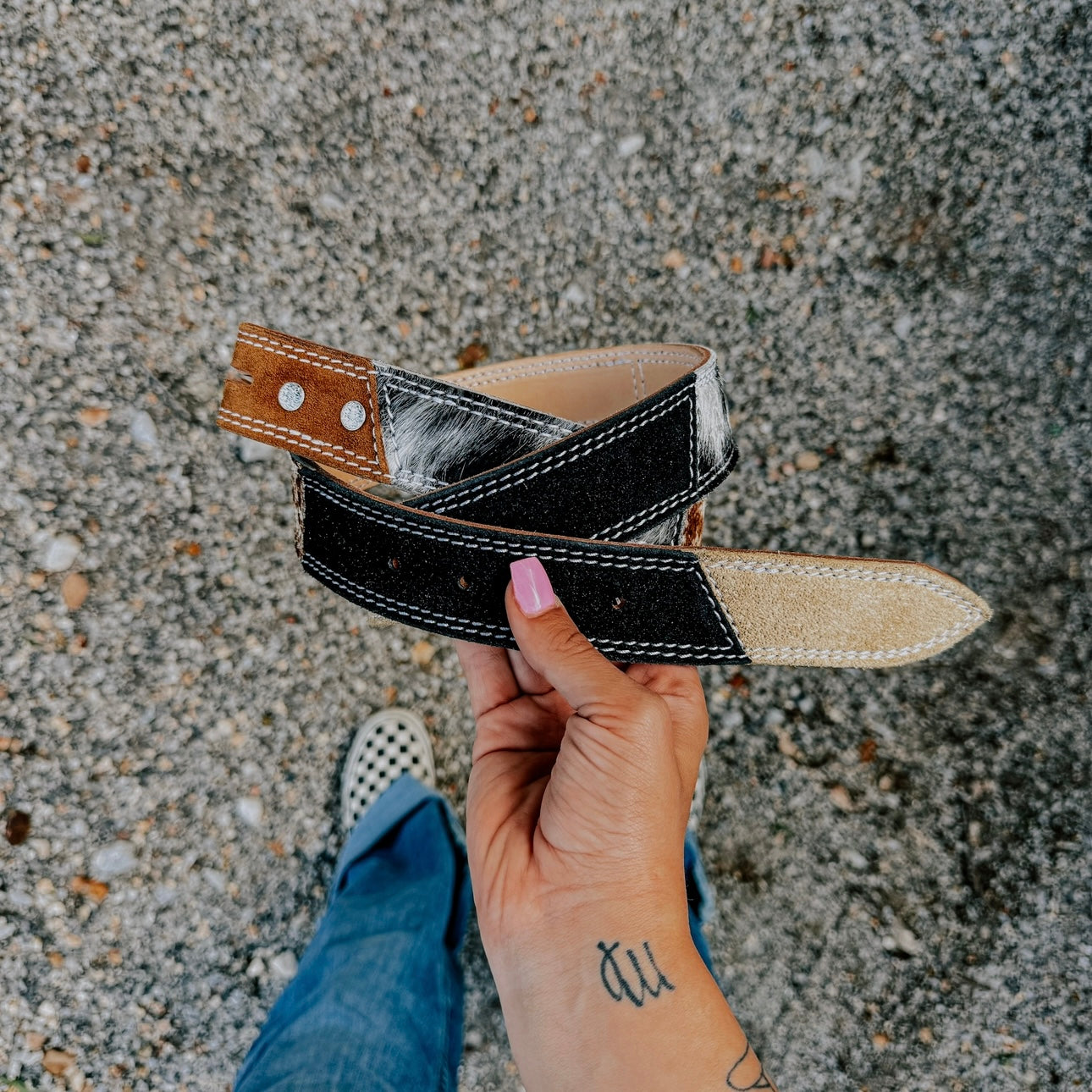 MULTI-COLOR SUEDE PATCHWORK BELT - HAIR ON HIDE