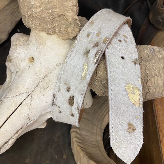 GOLD ACID WASH ON WHITE COWHIDE BELT only